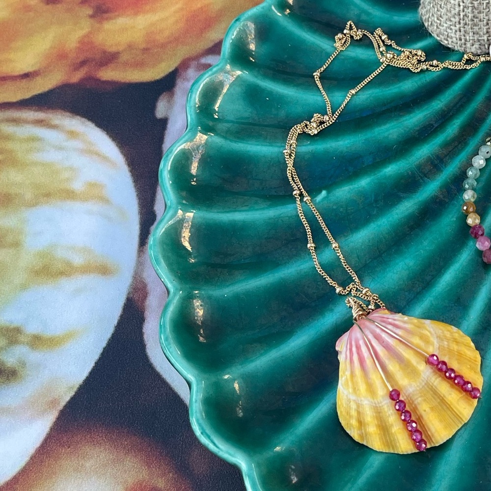 14k Gold Filled SUNRISE Shell Pendant and Chain with Pink Ruby Hawaii Gift